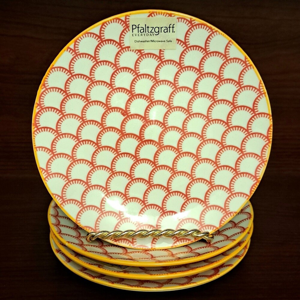NEW Pfaltzgraff Set of 4 Appetizer Plates 6" Red Orange Geo Scallop Print